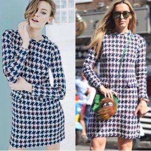 Boden Long Sleeve Jacquard Houndstooth Dress Zipped Crew Neck size 10